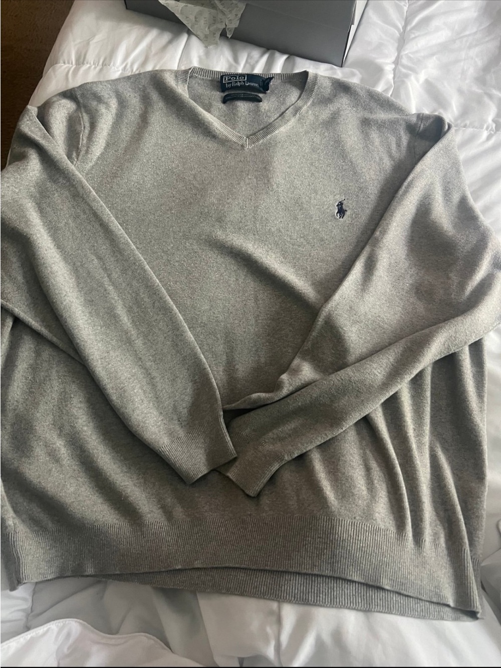 Ralph Lauren Men's V-Neck Sweater in Light Gray with Navy Pony